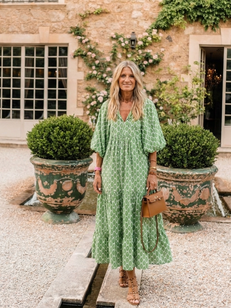 Apolline | Midi Dress with Three-Quarter Sleeves and V-Neck with Pattern