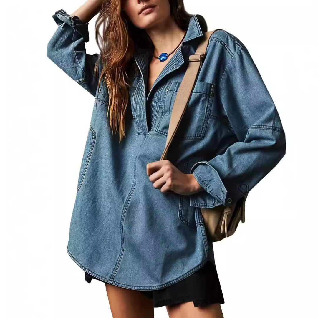 Nalinae™ | Chic V-Neck  Denim Tunic Top