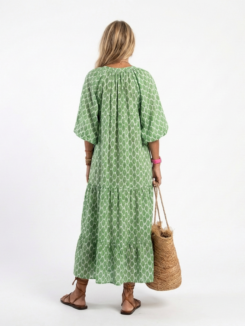Apolline | Midi Dress with Three-Quarter Sleeves and V-Neck with Pattern