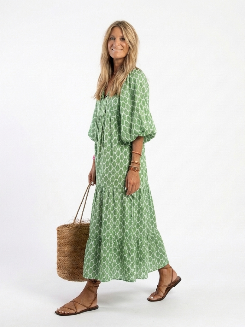 Apolline | Midi Dress with Three-Quarter Sleeves and V-Neck with Pattern