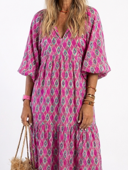 Apolline | Midi Dress with Three-Quarter Sleeves and V-Neck with Pattern