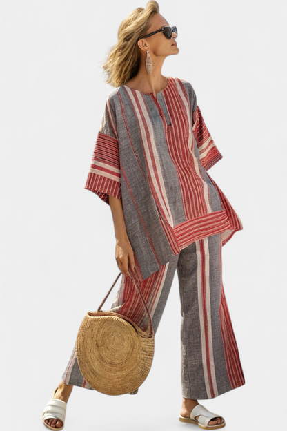 Bravine | Elegant Coral-Gray Linen Top & Wide-Leg Pants