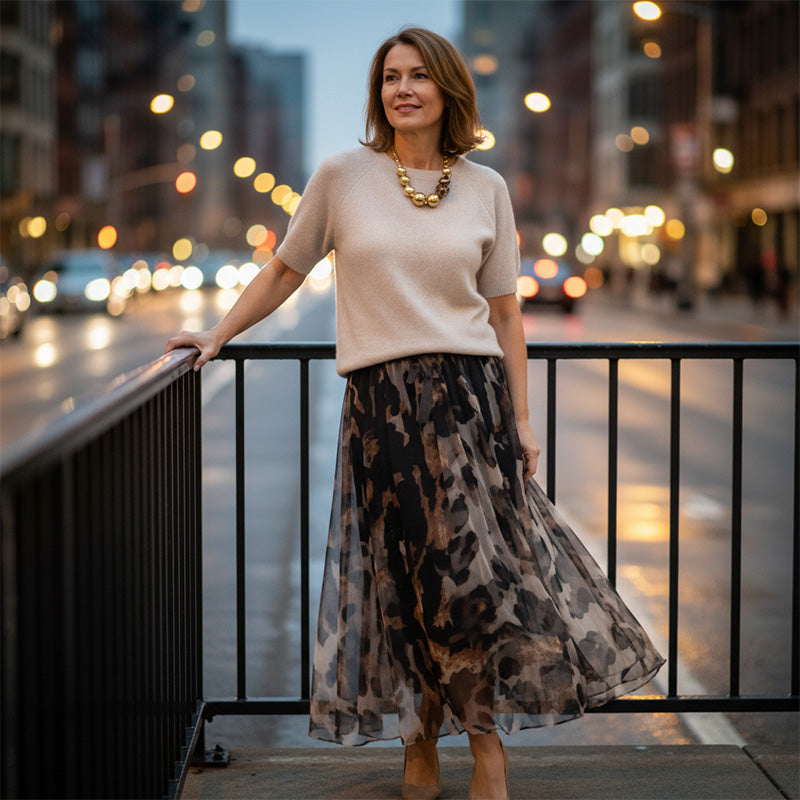 Velessa™ | Leopard Flowy Skirt and Sweater Set