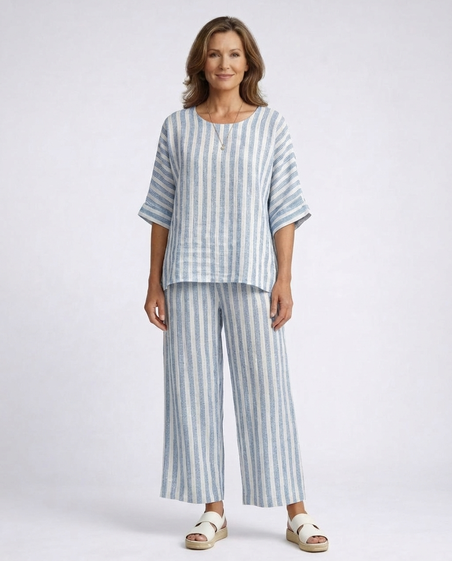 Rensleigh | Sophisticated Blue Striped Linen Top & Relaxed Pants