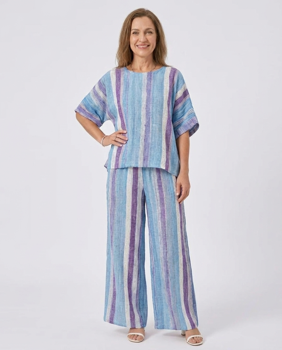 Faelith | Elegant Mauve Pastel Top & Striped Linen Pants