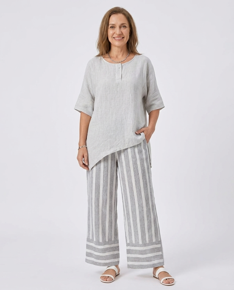 Talvora | Elegant Asymmetrical Blouse & Striped Pants
