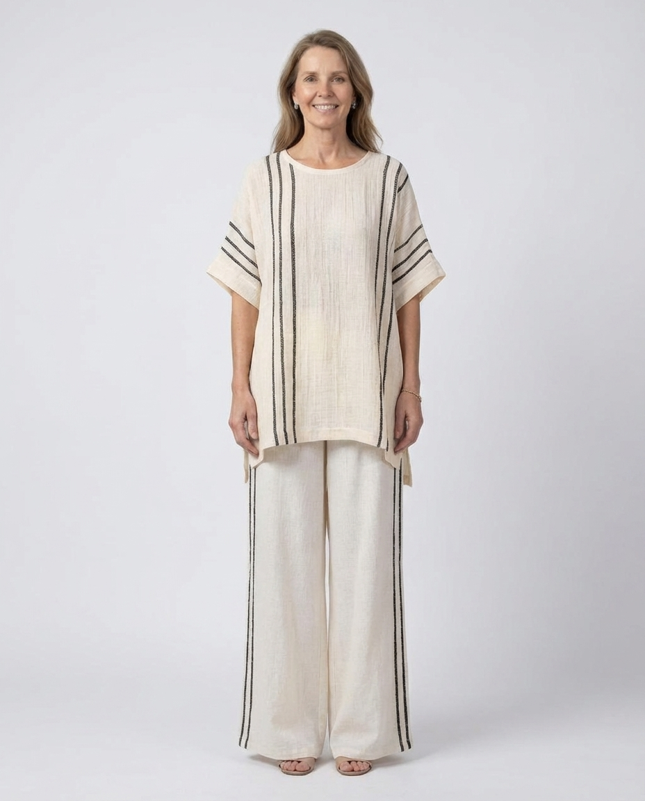 Greysen | Elegant Ivory Linen Blouse & Black Striped Pants