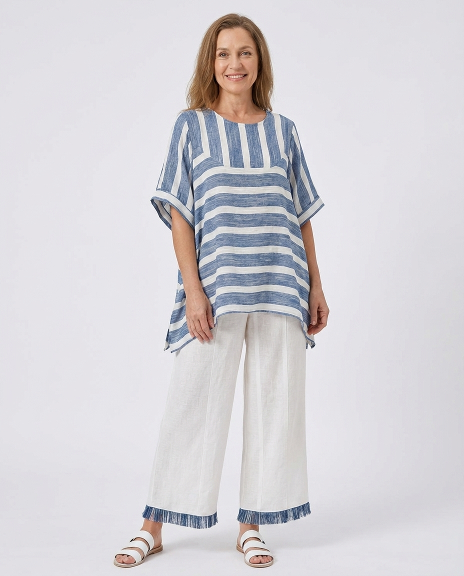 Corvielle | Sophisticated Blue Striped Top & Hem-Detailed Pants