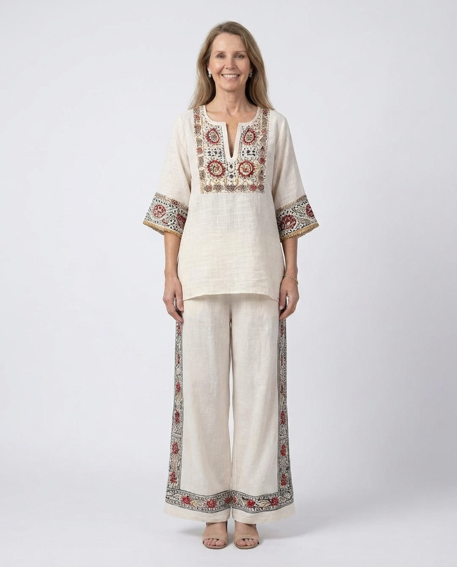 Tameric | Sophisticated Embroidered Raw Blouse & Wide Pants