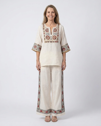 Tameric | Sophisticated Embroidered Raw Blouse & Wide Pants