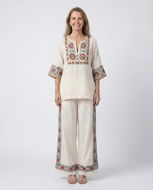 Tameric | Sophisticated Embroidered Raw Blouse & Wide Pants