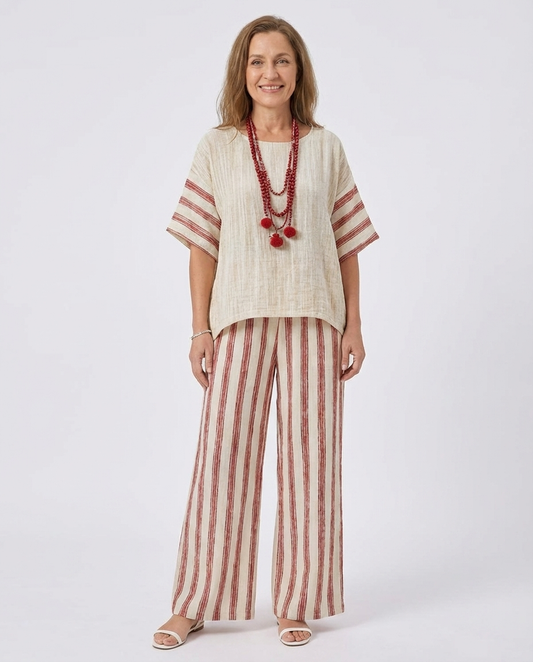 Braelith | Elegant Rustic Striped Top & Cream Linen Pants