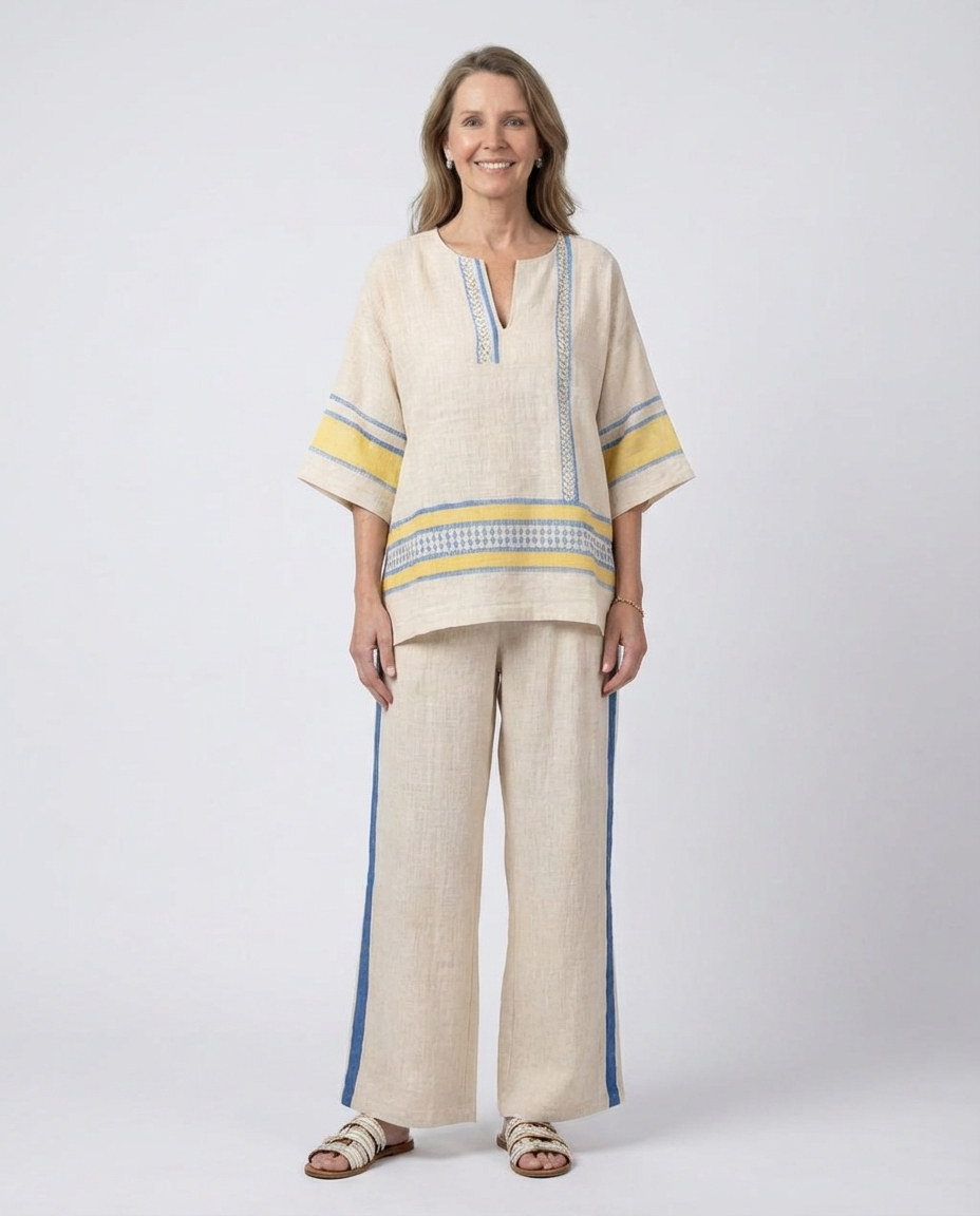 Jaxmere | Comfortable Blue-Yellow Mediterranean Top & Linen Pants