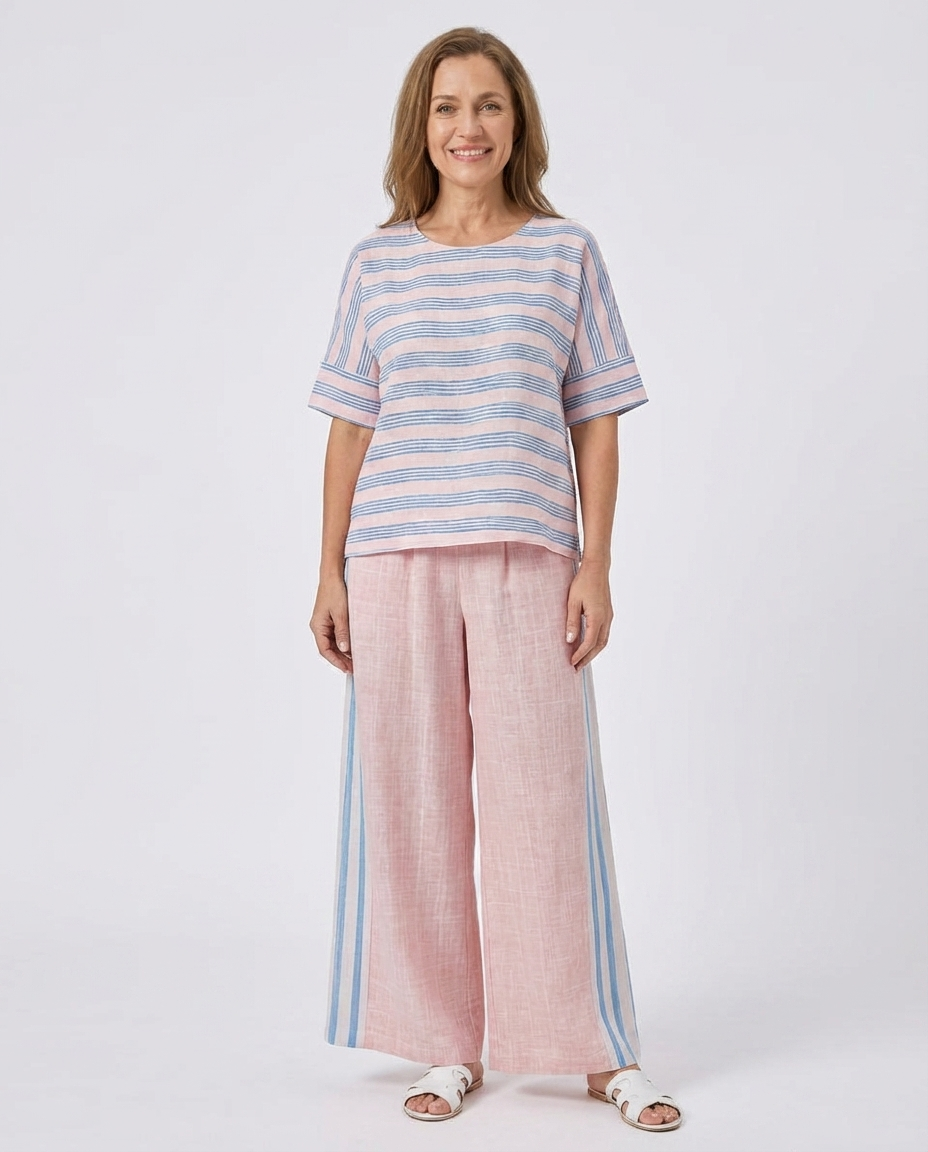 Virella | Elegant Pink-Blue Linen Blouse & Soft Pants