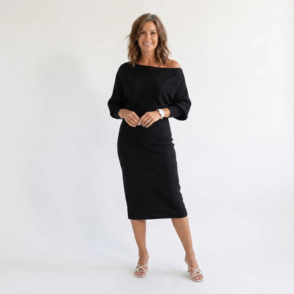 Ismeria | White Draped Batwing Midi Dress
