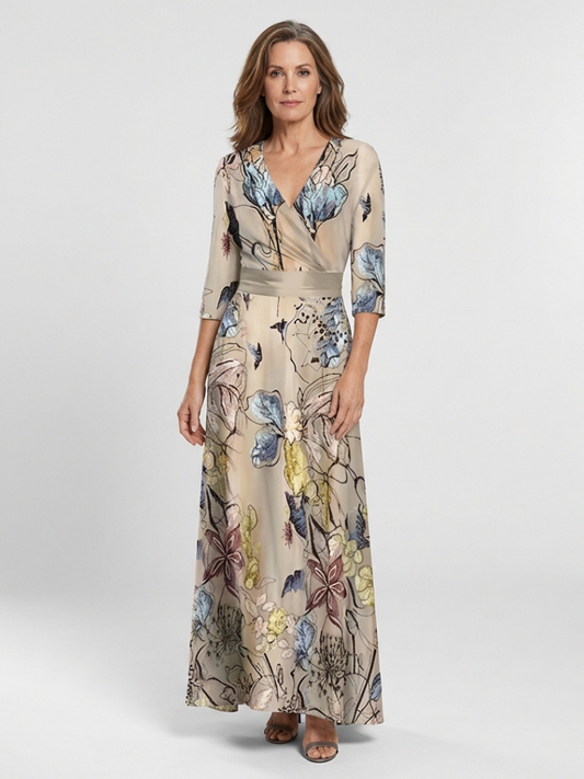 Margaret | Three Quarter Sleeve Floral Maxi Wrap Dress
