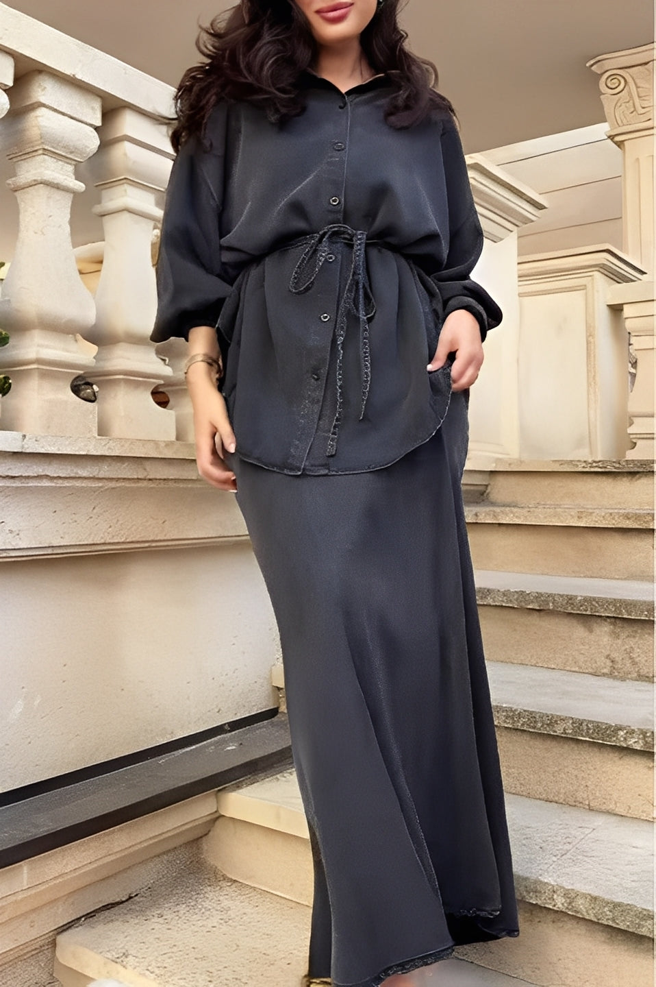 Lisa™ | Long-sleeved Tie-Drawstring Shirt and Skirt Set